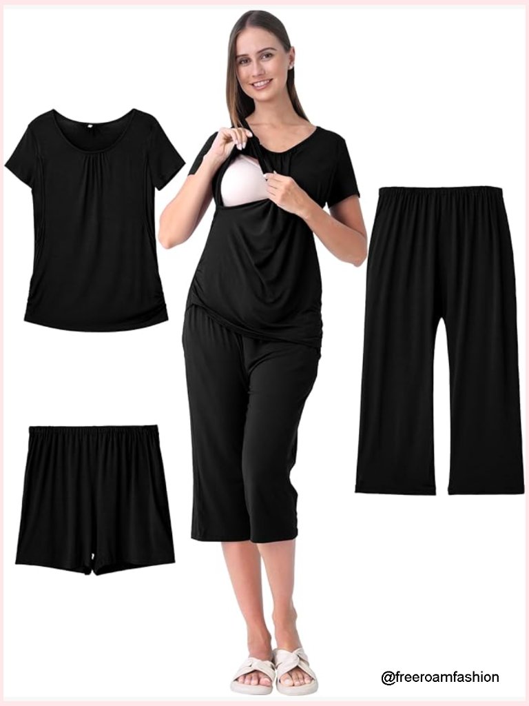 3 Piece Nursing Pajamas Set Breastfeeding Tops Shorts Capri Pants Maternity